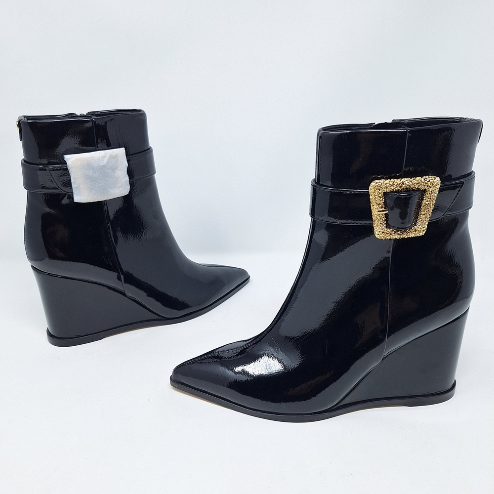 Sam Edelman Weslie Black Patent Pointed Toe Wedge Ankle Boots W Sparkle Buckle